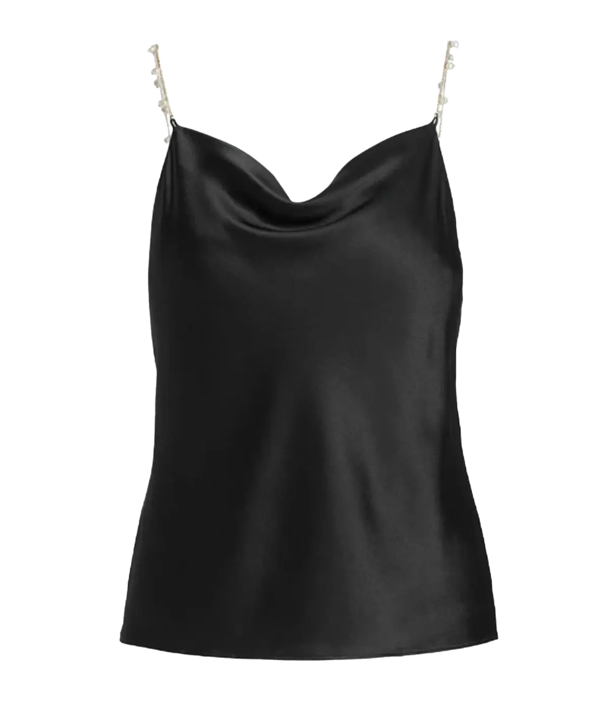An elevated 100% silk camisole, with pearl chain straps, cowl neck and bias cut design all in a black colourway. Day to Night, Date night top, made internationally, bra friendly, lunch with girlfriends. 