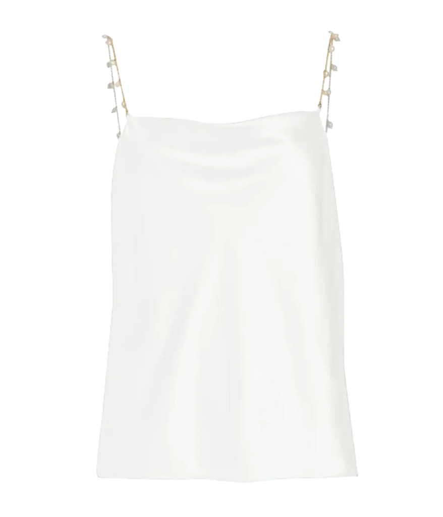 An elevated 100% silk camisole, with pearl chain straps, cowl neck and bias-cut design all in a white colourway. Day to Night, Date night top, made internationally, bra friendly, lunch with girlfriends. 