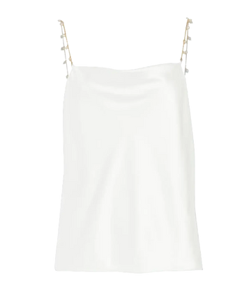 An elevated 100% silk camisole, with pearl chain straps, cowl neck and bias-cut design all in a white colourway. Day to Night, Date night top, made internationally, bra friendly, lunch with girlfriends. 