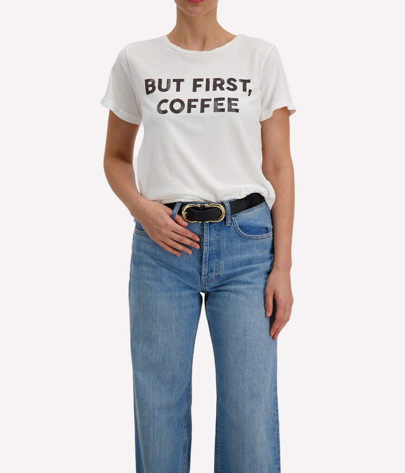 ALT TEXT: White statement graphic tee with short sleeves and relaxed silhouette