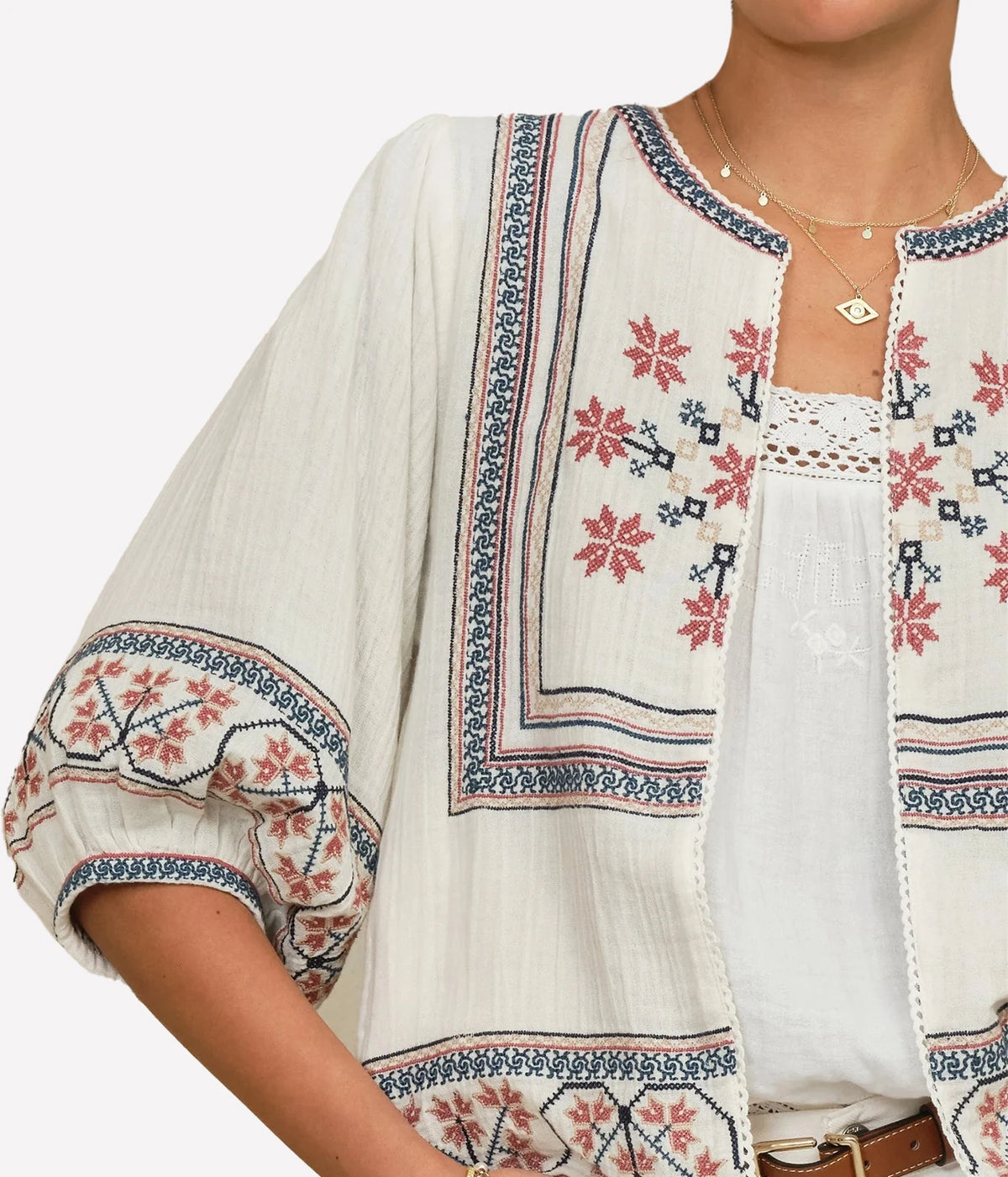 M.A.B.E Calista Embroidered Jacket in Ecru Multi – close-up detail on model