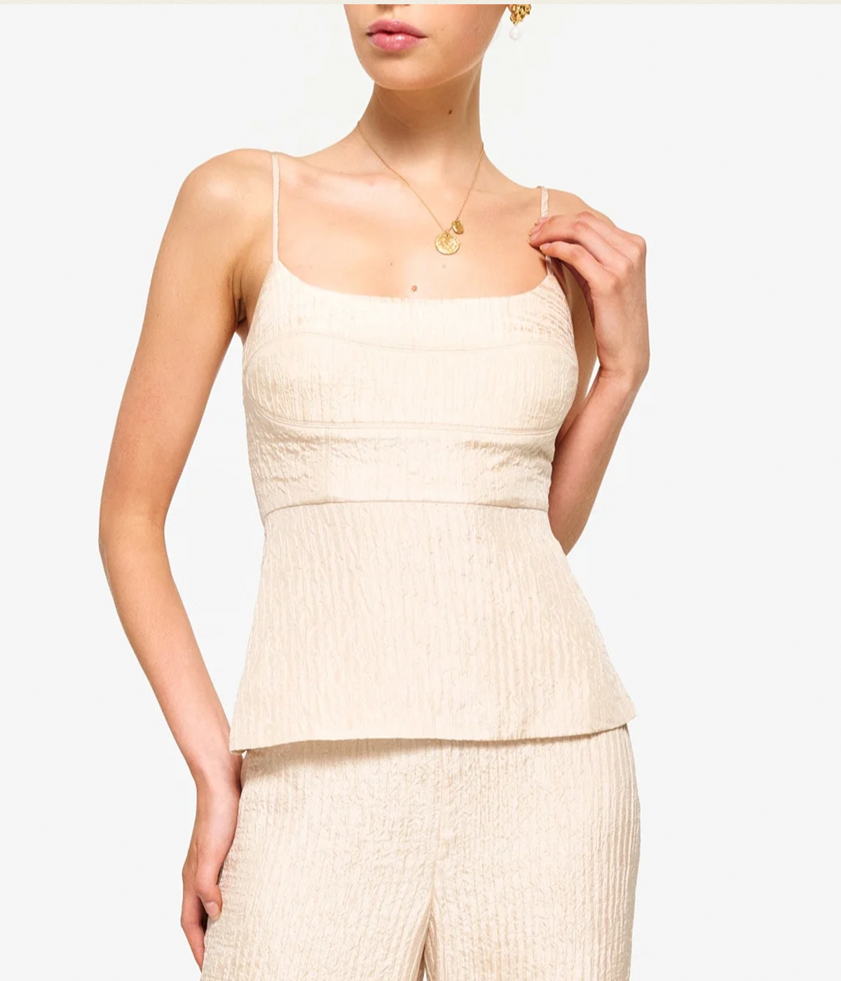 ALT text: Cami NYC Lisbon Camisole in crinkled silk-wool blend with slim straps and soft texture.