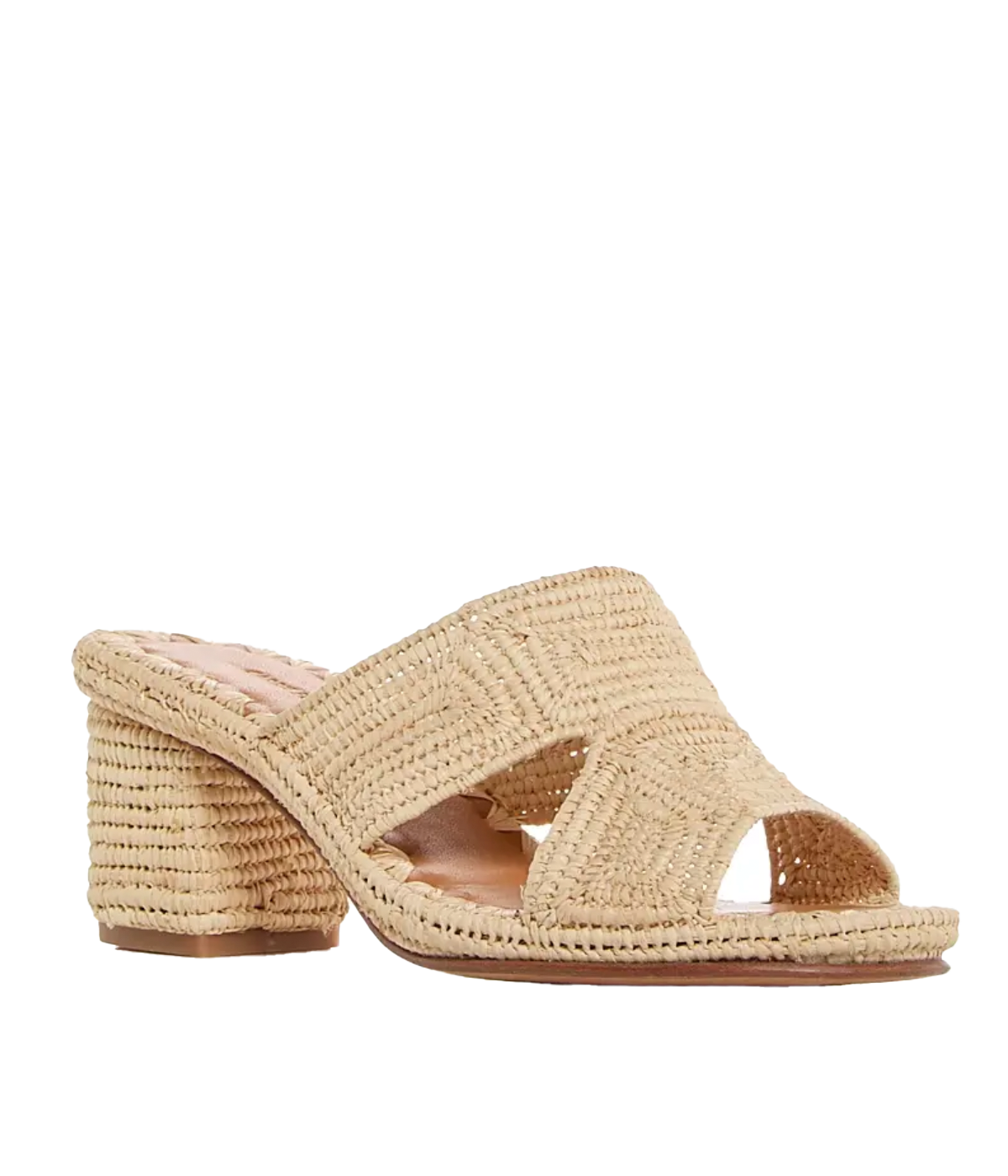 ALT Text: Cara Woven Block Heel Slide Sandals by Carrie Forbes, featuring a natural woven design and moderate block heel, perfect for versatile summer styling.