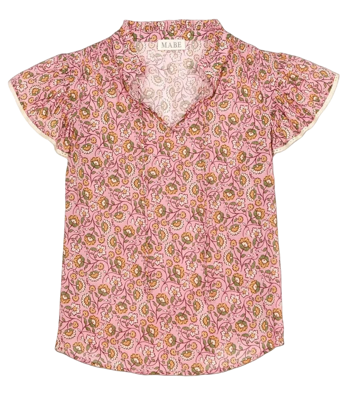 M.A.B.E Ceci Print Short Sleeve Top in Pink – flat lay