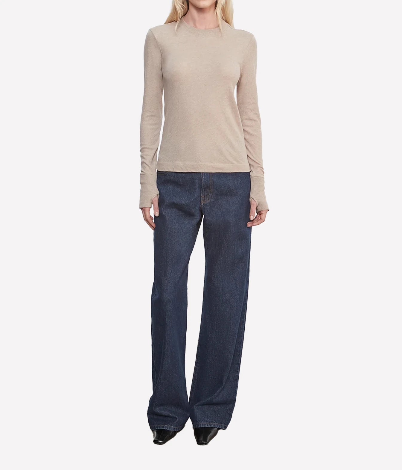 Cashmere Easy Cuffed Crew Top in Khaki