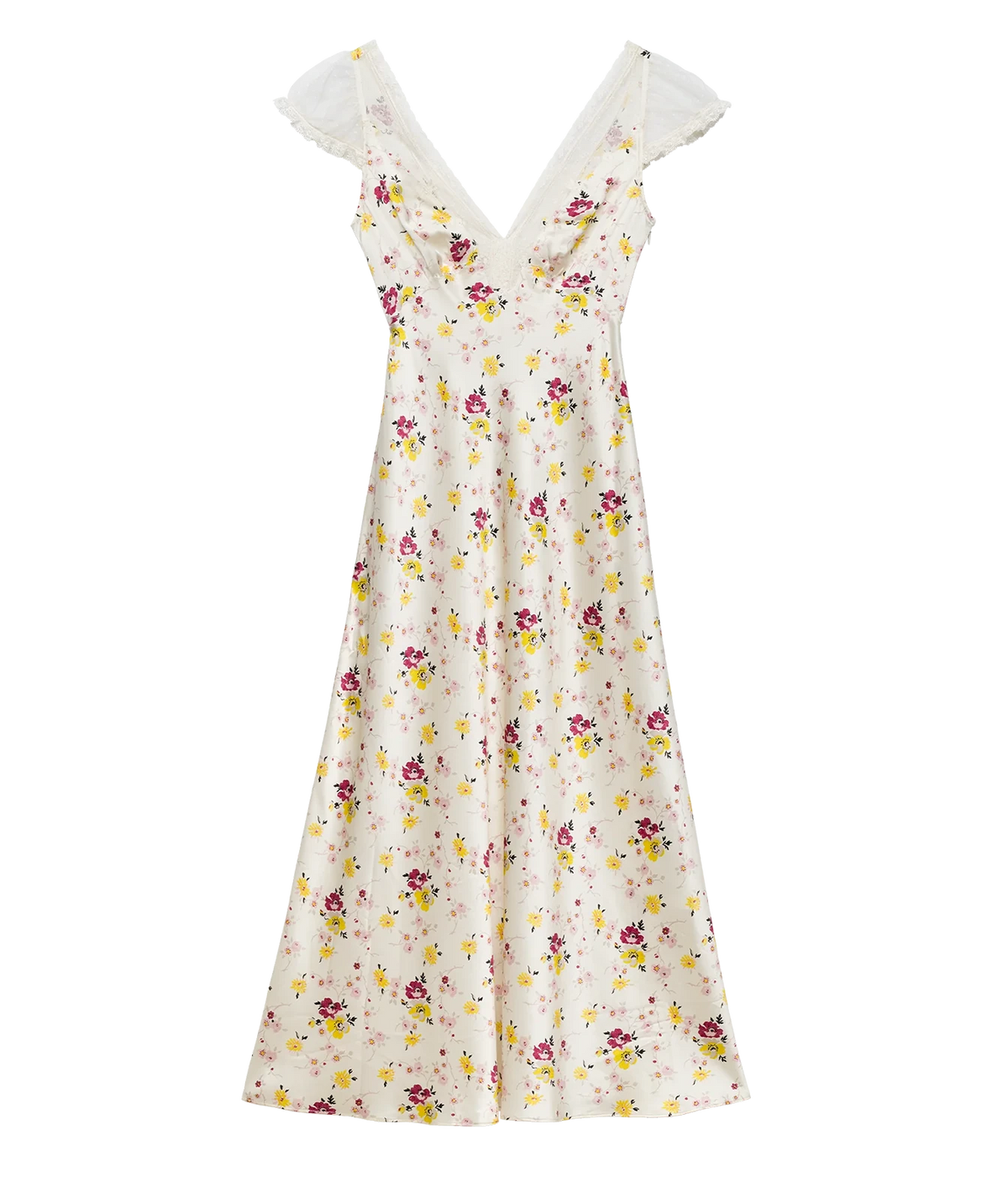 DÔEN Corelia Dress In Sweetbriar Floral laid flat, showing the cream base with pink and yellow florals, lace-trimmed V-neckline, flutter cap sleeves and midi length