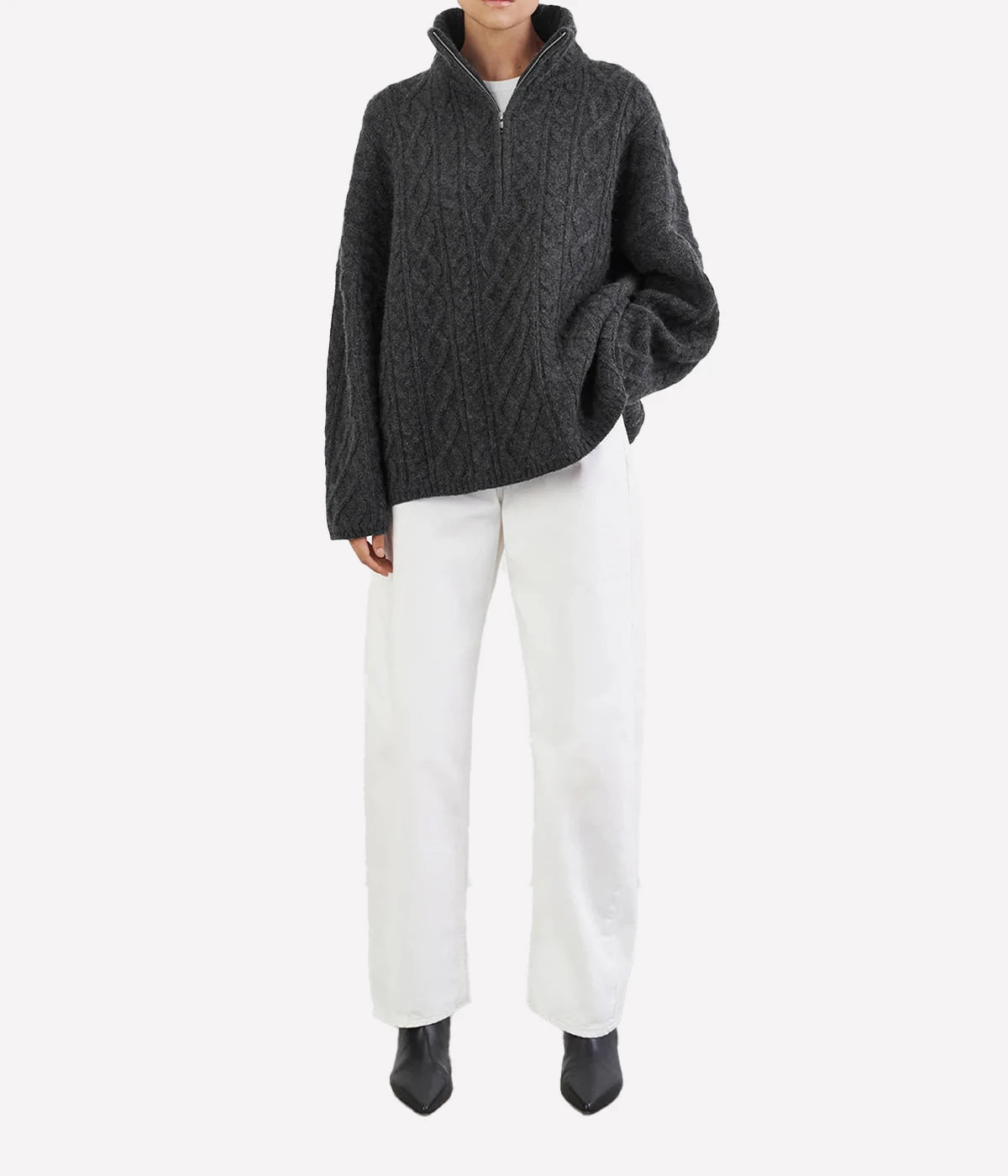 Cable Knit Zip Sweater in Charcoal