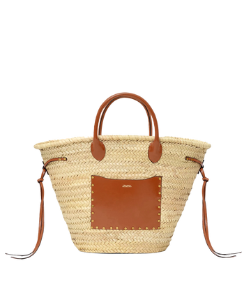 natural straw and cognac unlined open top tote bag by Isabel Marant.