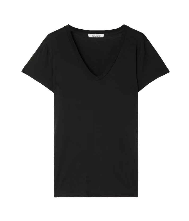 ALT Text: Nili Lotan Carol T-shirt in faded white cotton-jersey, featuring a V neckline and relaxed fit, ideal for casual styling with denim and accessories.
