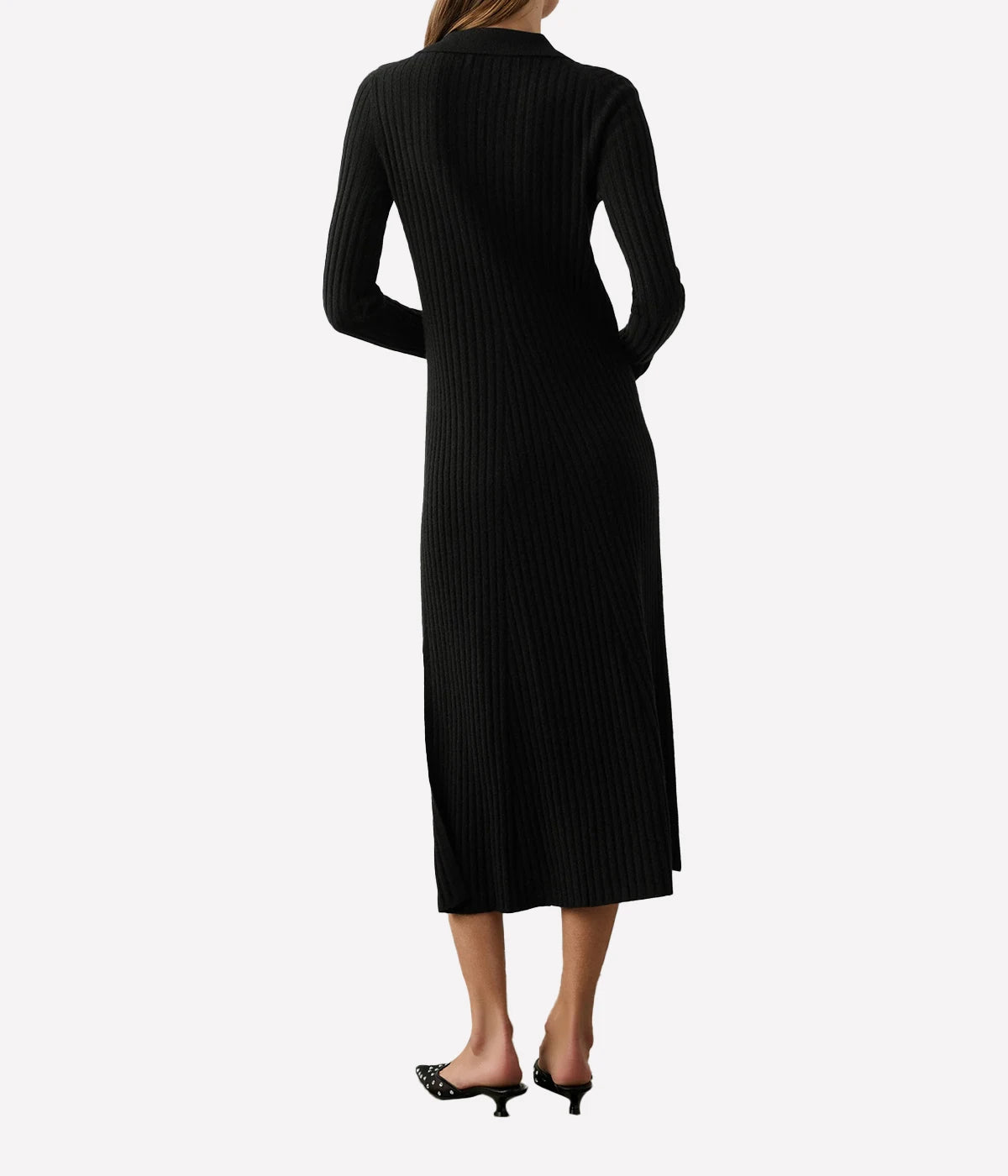 Cashmere Blend Ribbed Polo Dress in Black