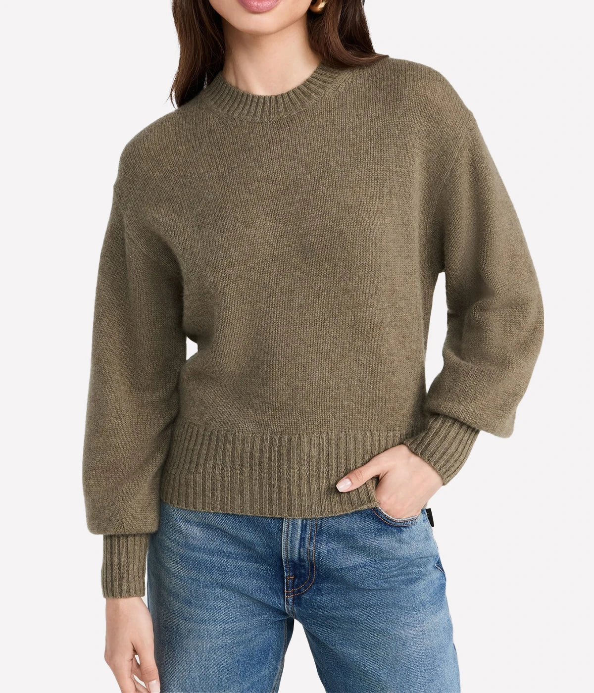 Cashmere Blouson Sleeve Crew in Loden