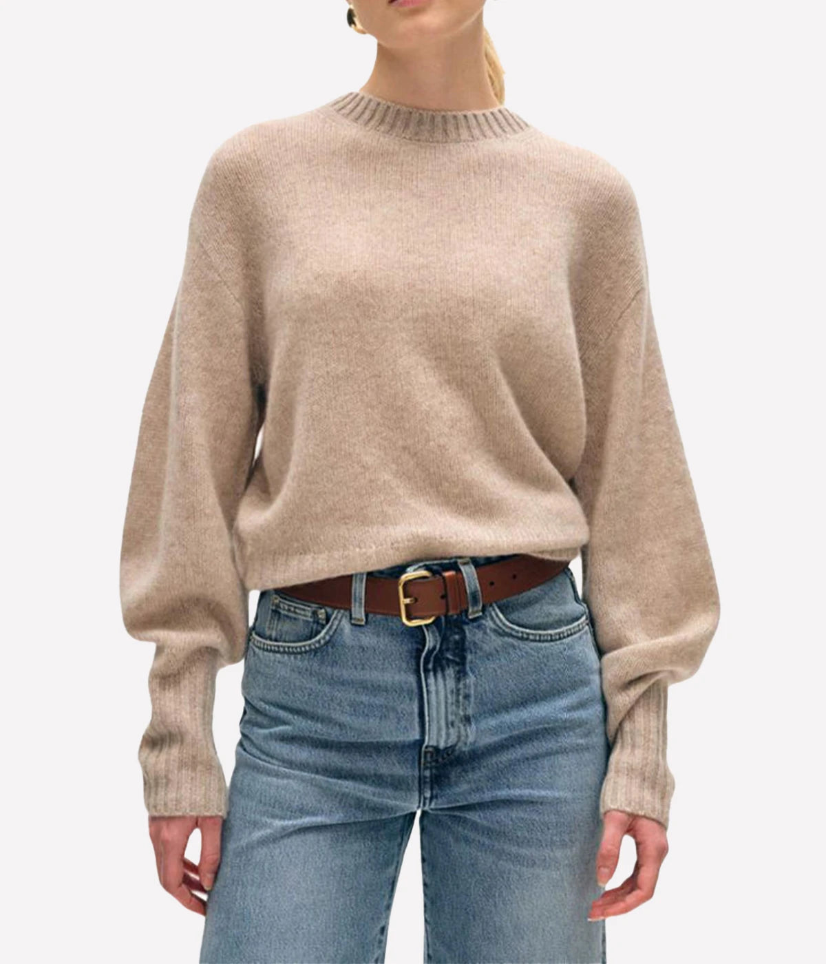 Cashmere Blouson Sleeve Crew in Sandwisp