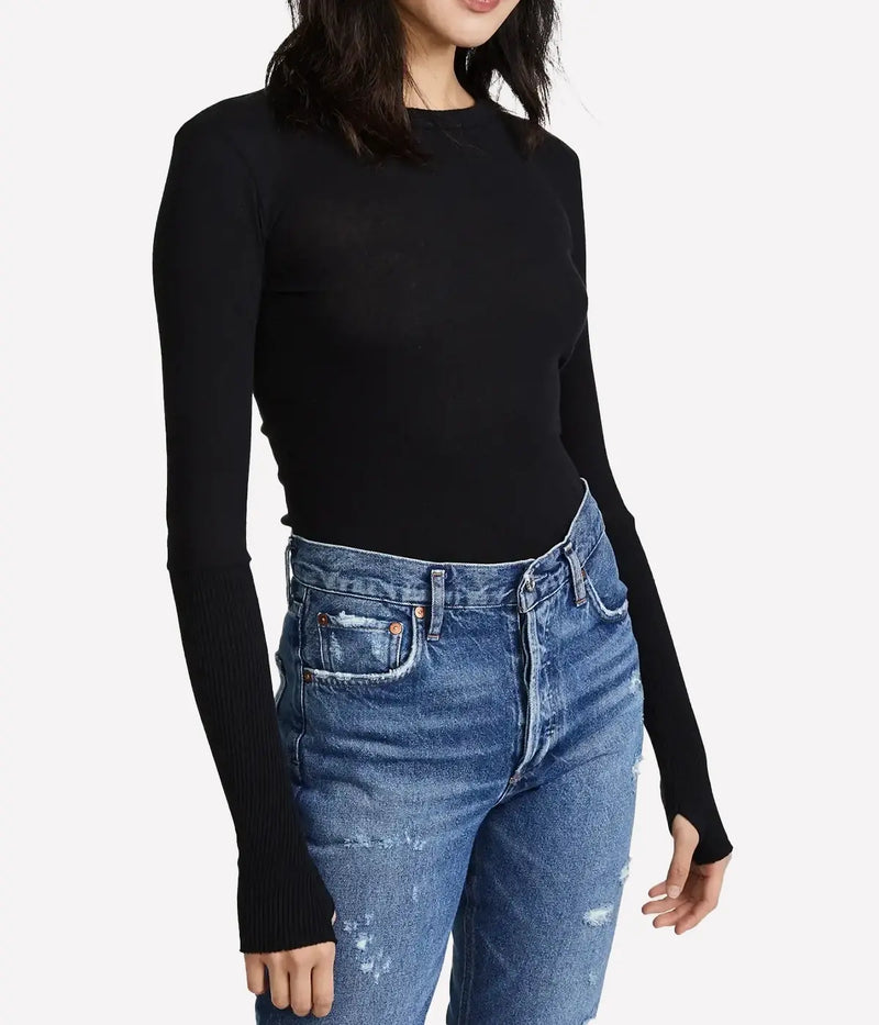 Cashmere Easy Cuffed Crew Top in Black