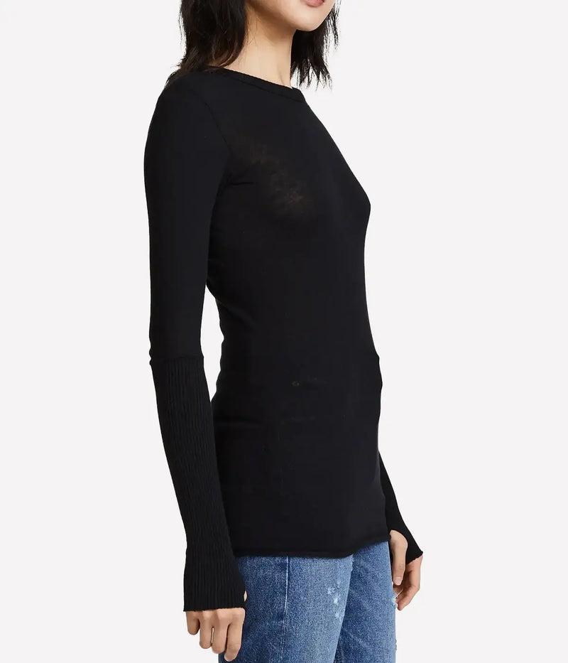 Cashmere Easy Cuffed Crew Top in Black