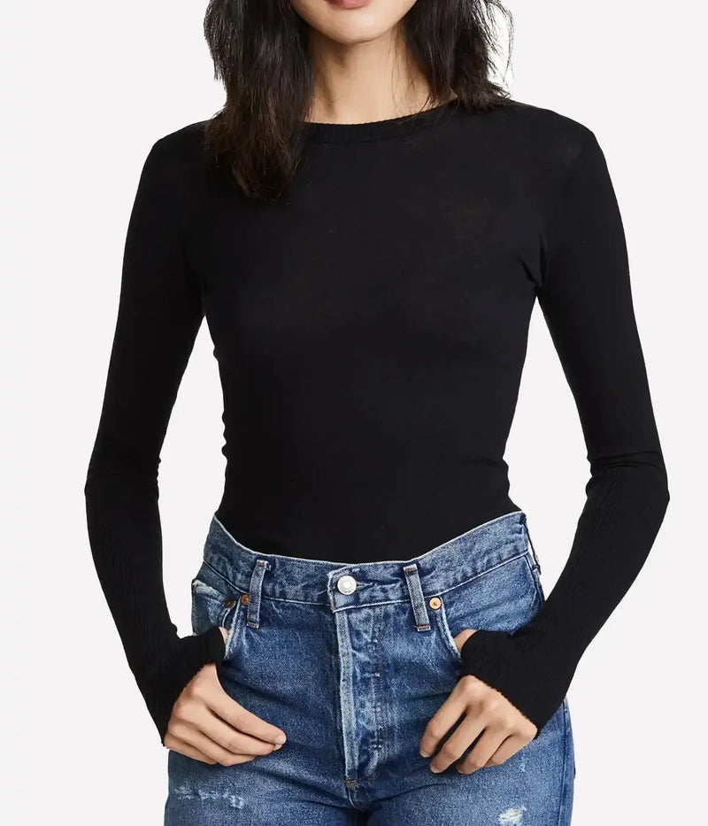 ALT text: Luxurious Cashmere Easy Cuffed Crew Neck Top with ribbed neckline and thumbholes