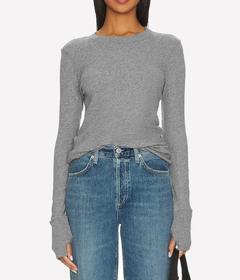 ALT text: Cashmere Easy Cuffed Crew Neck Top with ribbed neckline, cuffs, and thumbholes