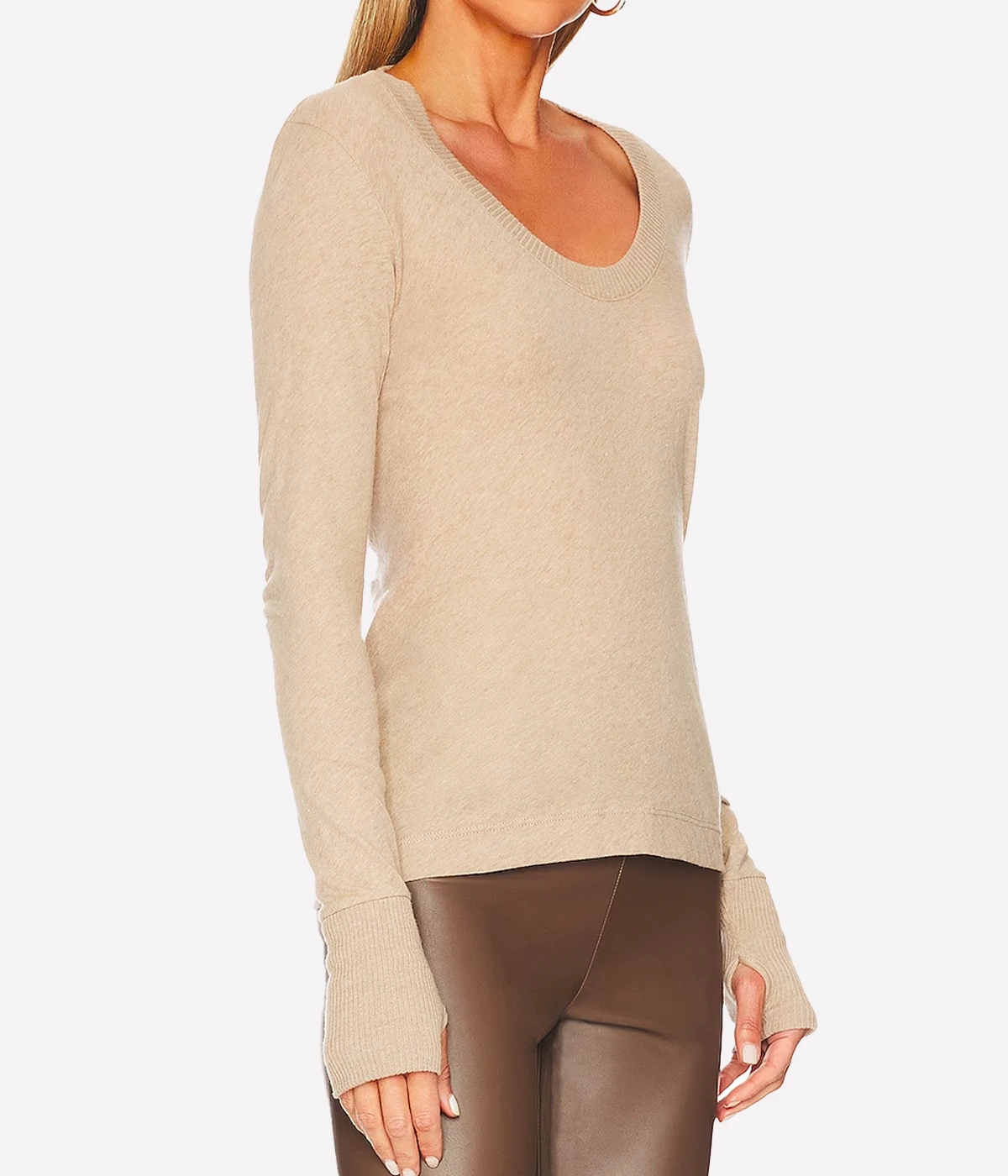 Cashmere Easy Cuffed U Neck Top in Khaki