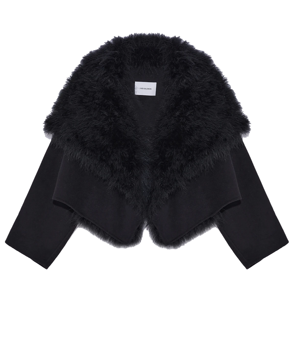 Albatre-hued jacket featuring cashmere, wool, and feather details, styled with a chic winter outfit for a sophisticated look.