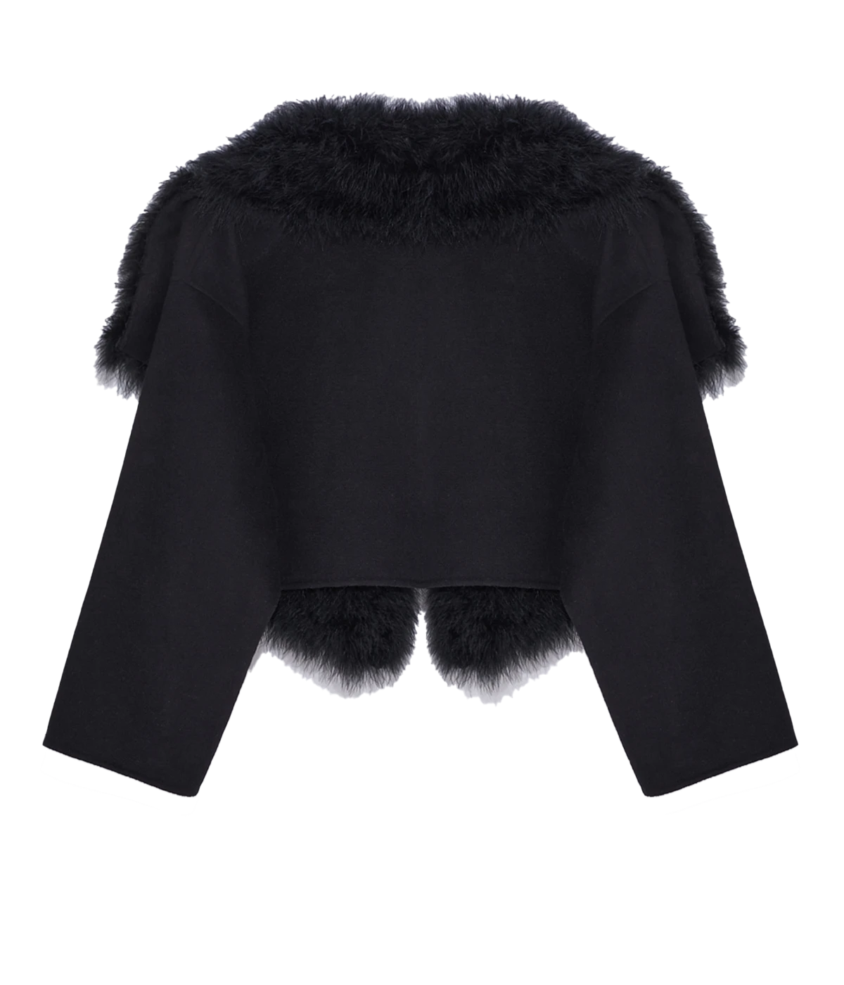 Albatre-hued jacket featuring cashmere, wool, and feather details, styled with a chic winter outfit for a sophisticated look.