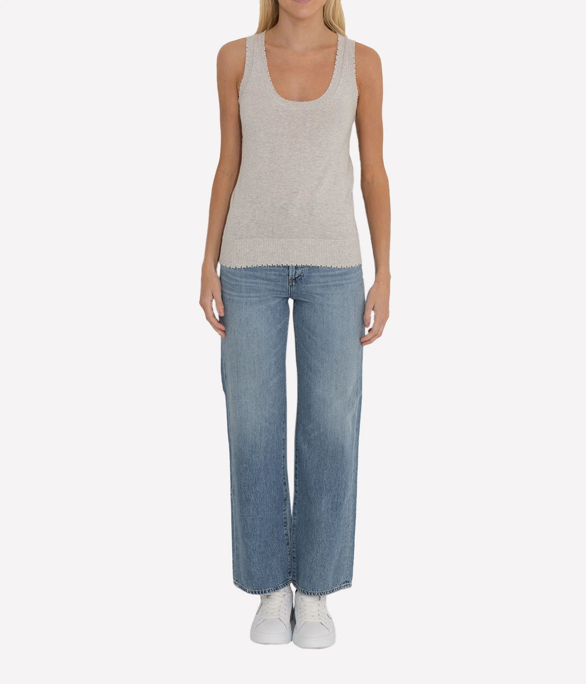 Cashmere Frayed Scoop Neck Tank in Light Heather Grey