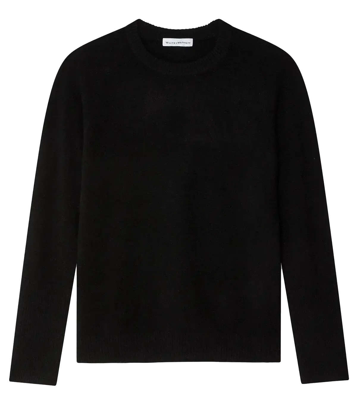 ALT text: White + Warren cashmere crewneck sweater with high ribbed cuffs and raglan sleeves, styled for a chic, cosy winter look.