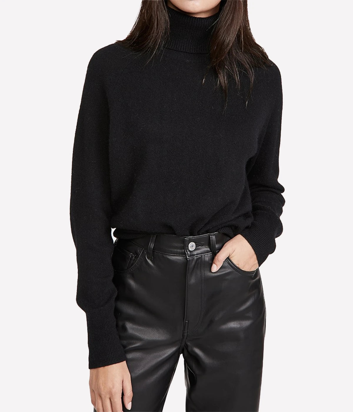 Cashmere Rib Trim Turtleneck in Black
