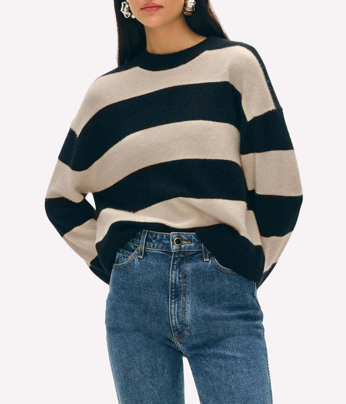 ALT text: White + Warren striped cashmere crewneck styled with high-rise jeans, a leather belt and ballet flats for a sporty-chic look.
