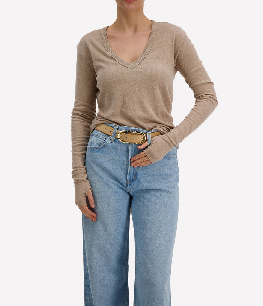 long sleeve v neck cotton cashmere blend top. Wash and wear, perfect for layering.