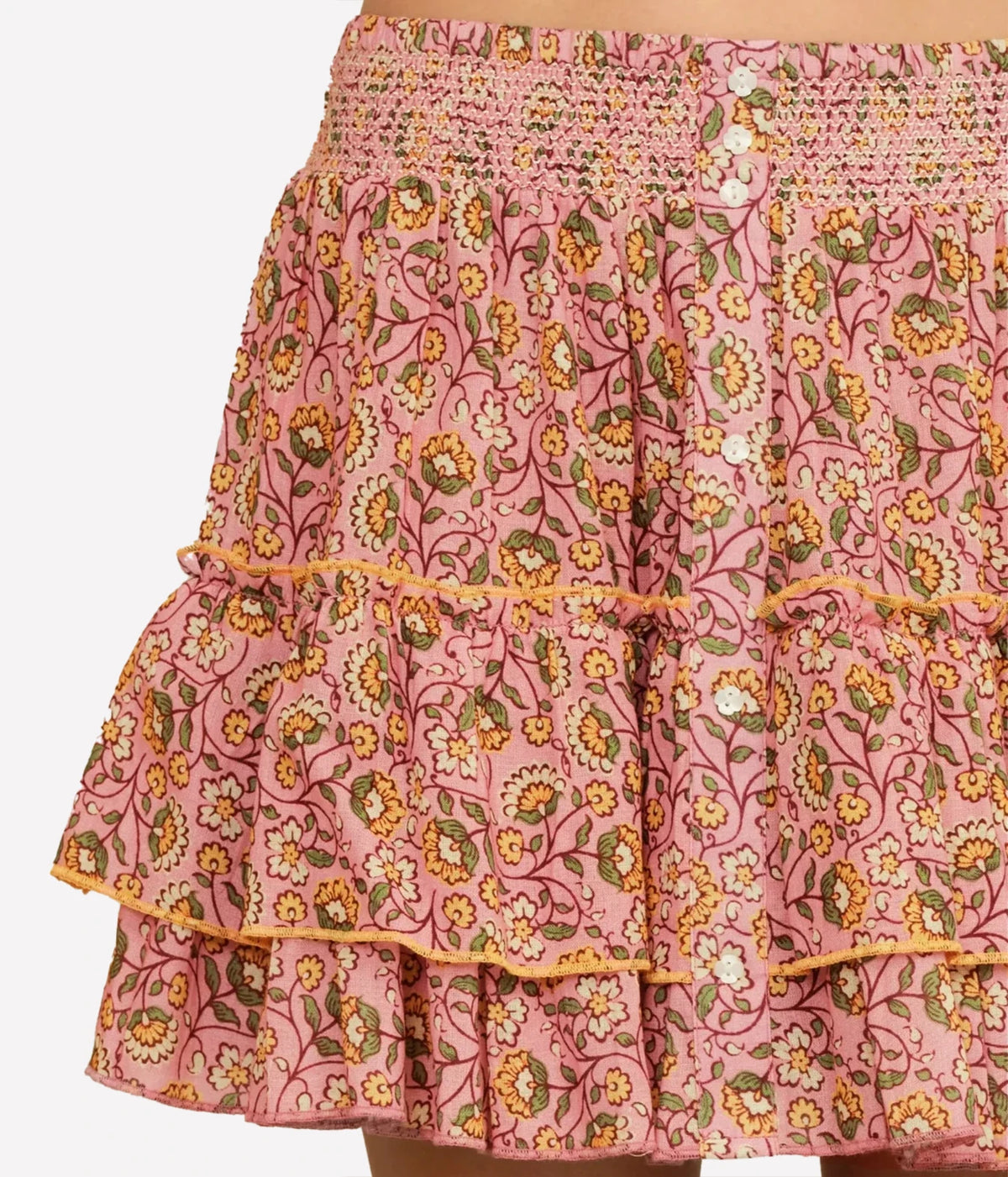 M.A.B.E Ceci Print Mini Skirt in Pink – close-up of waistband and button detail