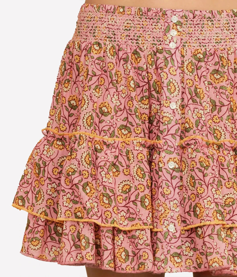 M.A.B.E Ceci Print Mini Skirt in Pink – close-up of waistband and button detail