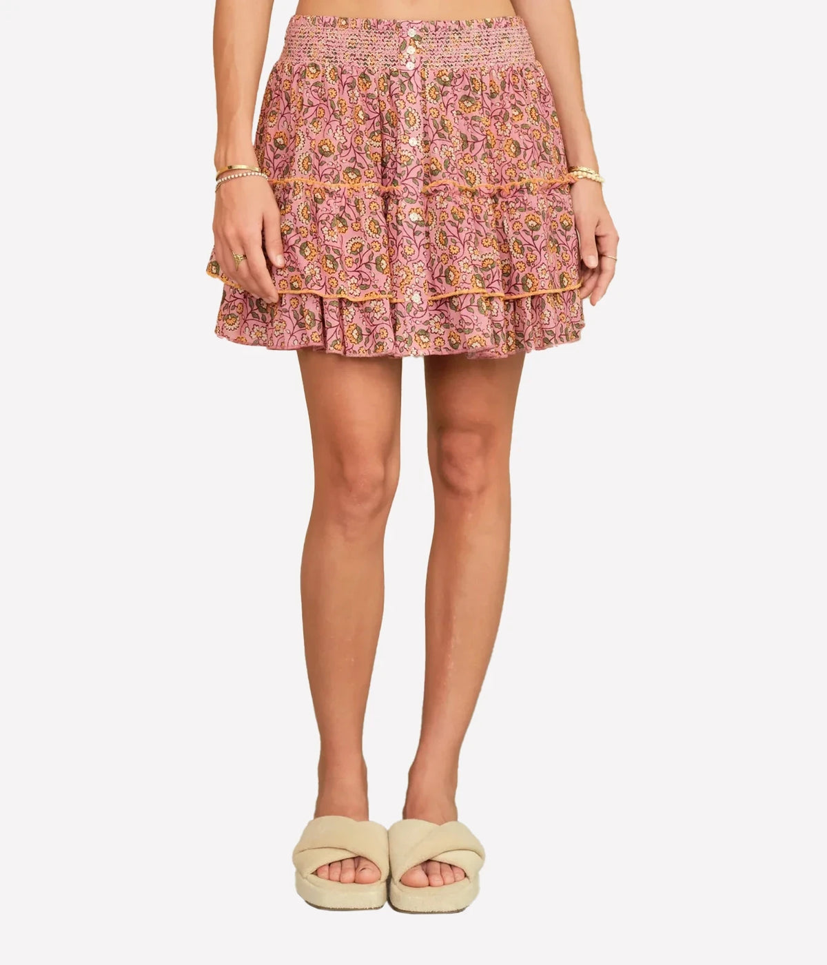 Model wearing the M.A.B.E Ceci Print Mini Skirt in Pink – front view