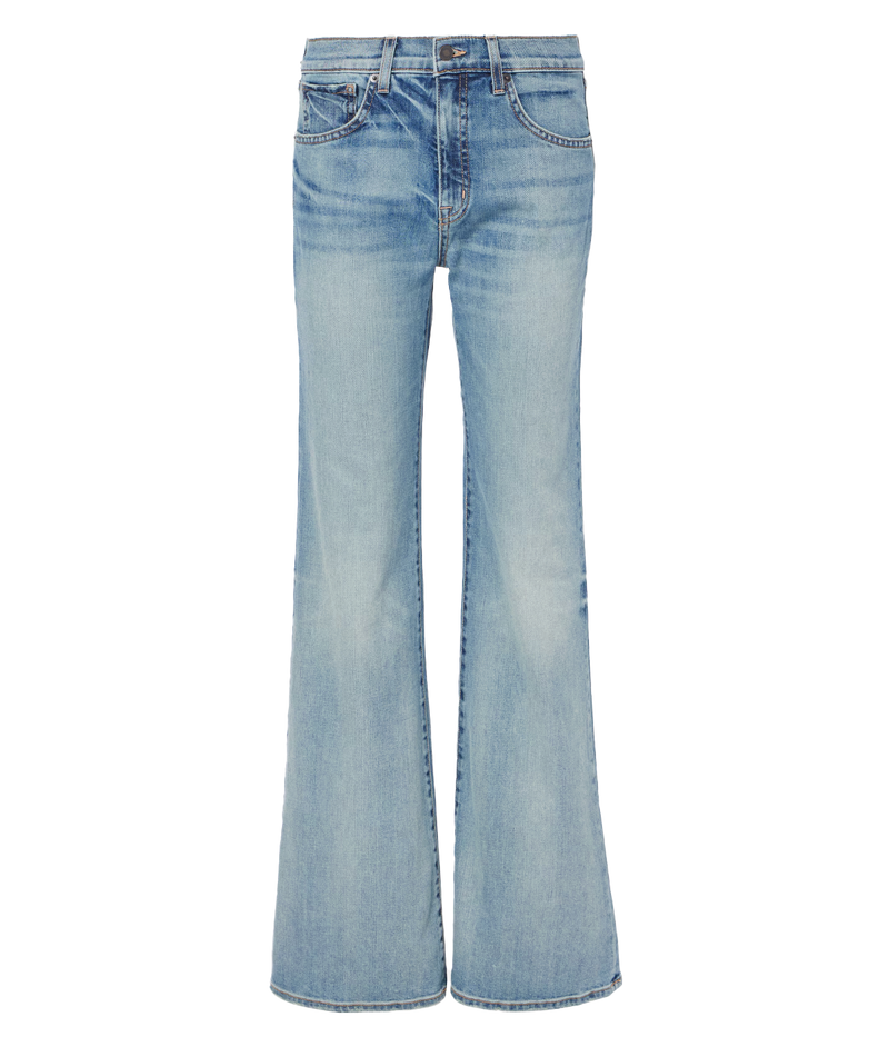 ALT text: Mid-rise flare leg jeans in Japanese stretch denim with five-pocket details and a zip fly closure.