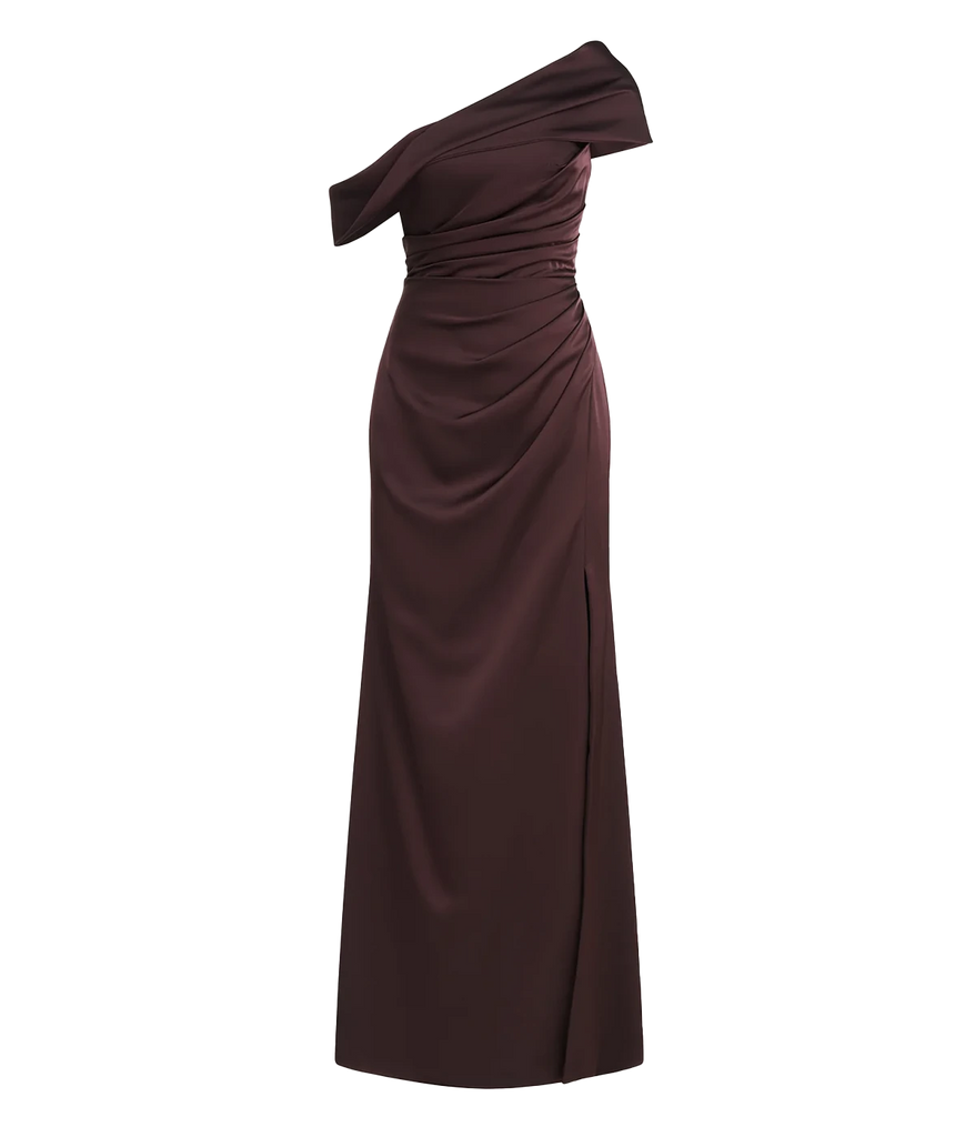 A stand out special occasion dress in a rich chocolate colourway, one shoulder asymmetric shoulder. Floor length, strapless bra, comfortable, made in USA, black tie event. 