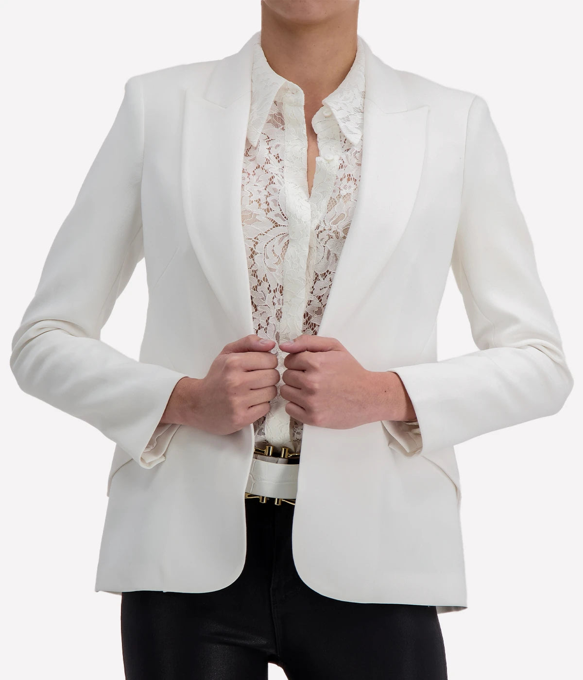 A classic single-breasted blazer in pure white, with white hardware, sleek tailoring, sophisticated shoulder pads and lapels. Work wear, everyday classic, trendy, fashion forward, transition piece, Made in California. 