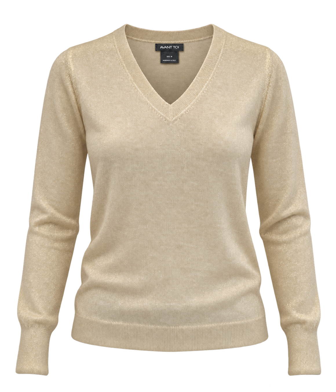 Front product view of Avant Toi Knitted Pullover in Vaniglia showing the V neckline and metallic finish
