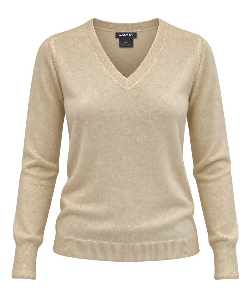 Front product view of Avant Toi Merano Pullover in Vaniglia showing the V neckline and metallic finish