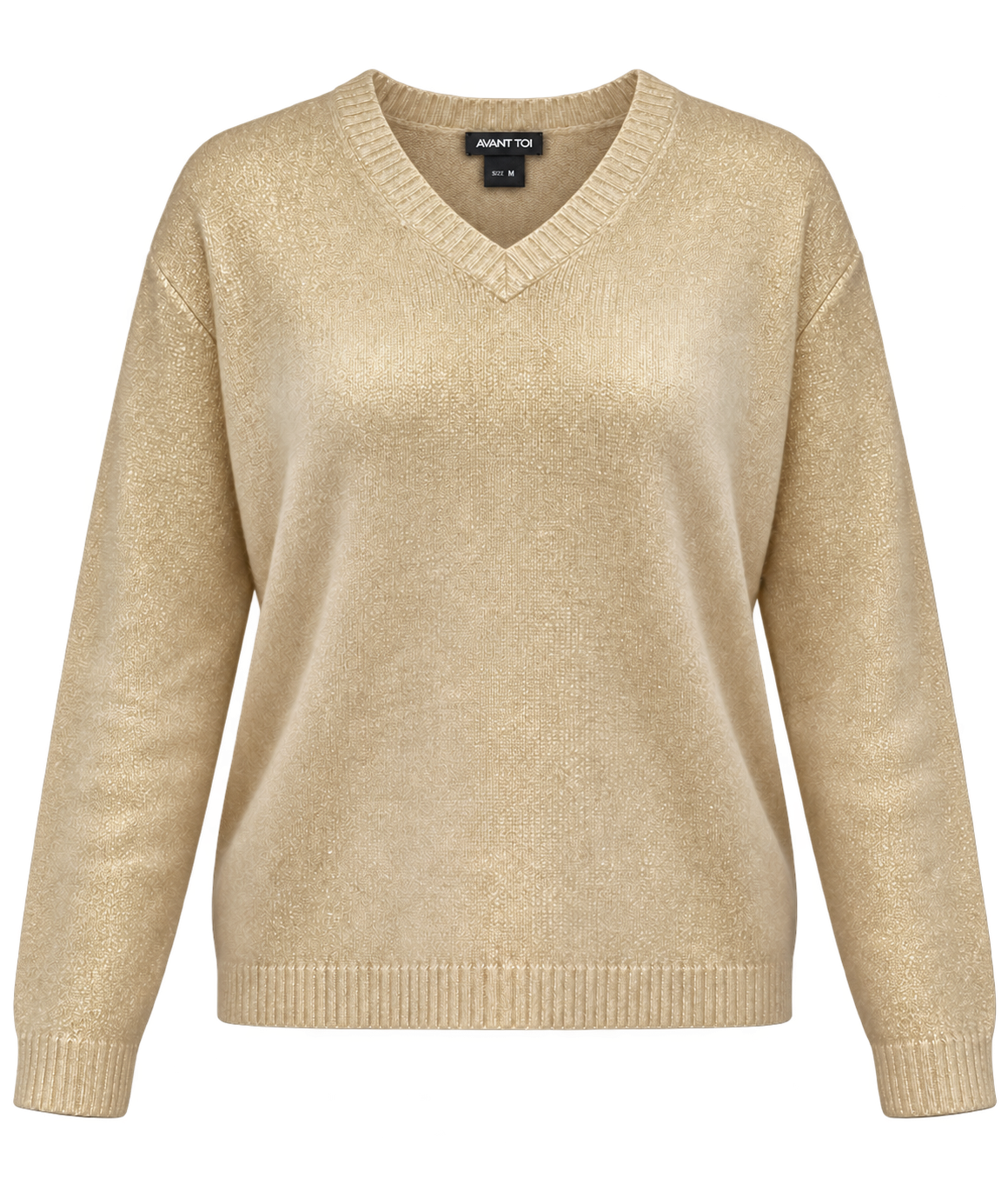 Front product view of Avant Toi V Neck Knitted Pullover in Burro with a hand-painted gold finish