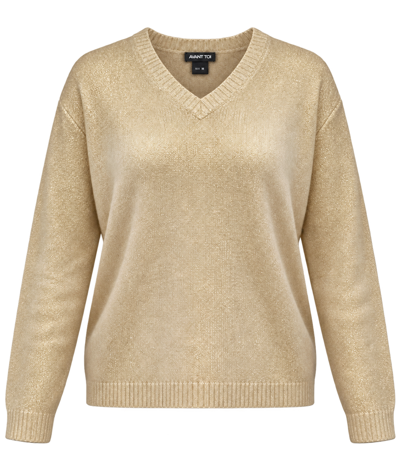 Front product view of Avant Toi V Neck Knitted Pullover in Burro with a hand-painted gold finish