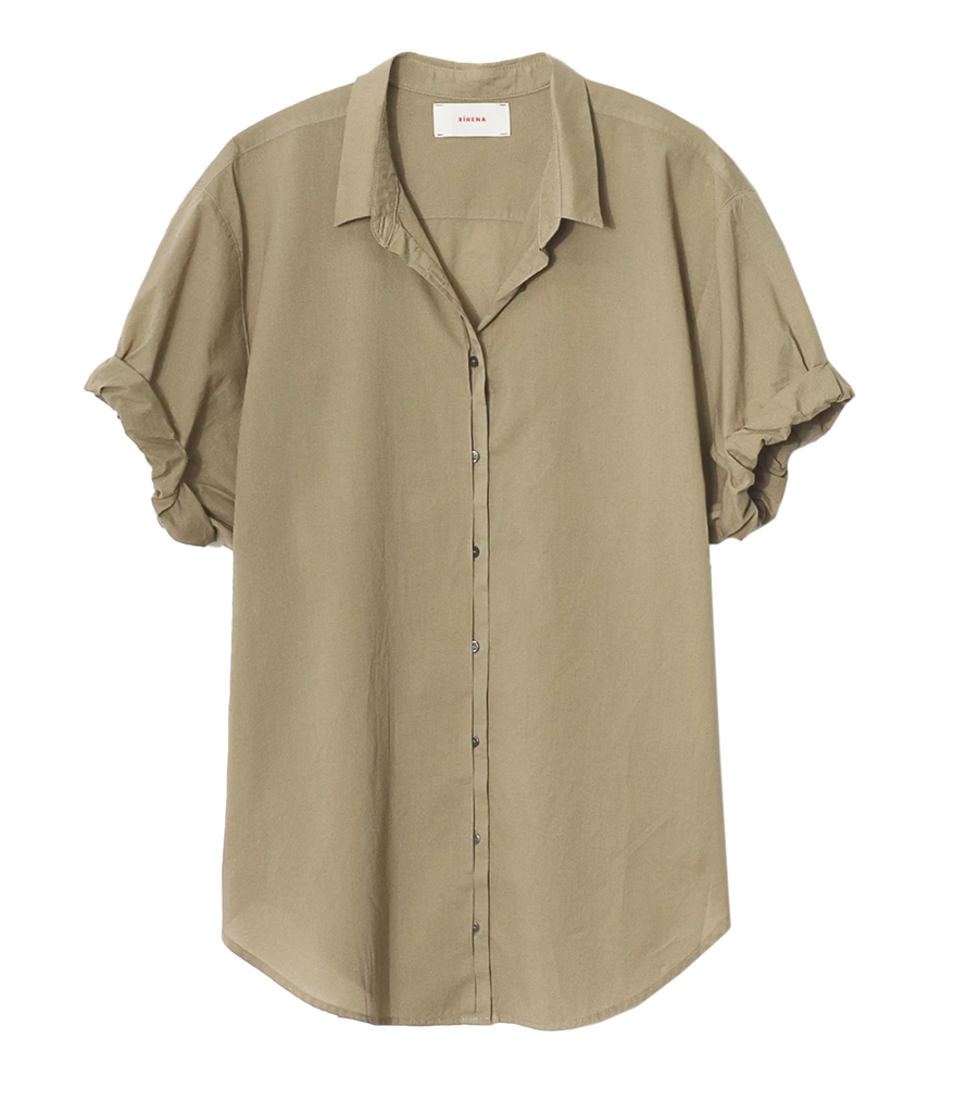 An everyday 100% cotton short sleeve blouse in a khaki green colourway, short cuffed sleeve, button down, collar detailing, oversized, summer blouse, made in USA, 100% cotton, bra friendly, throw on and go. 