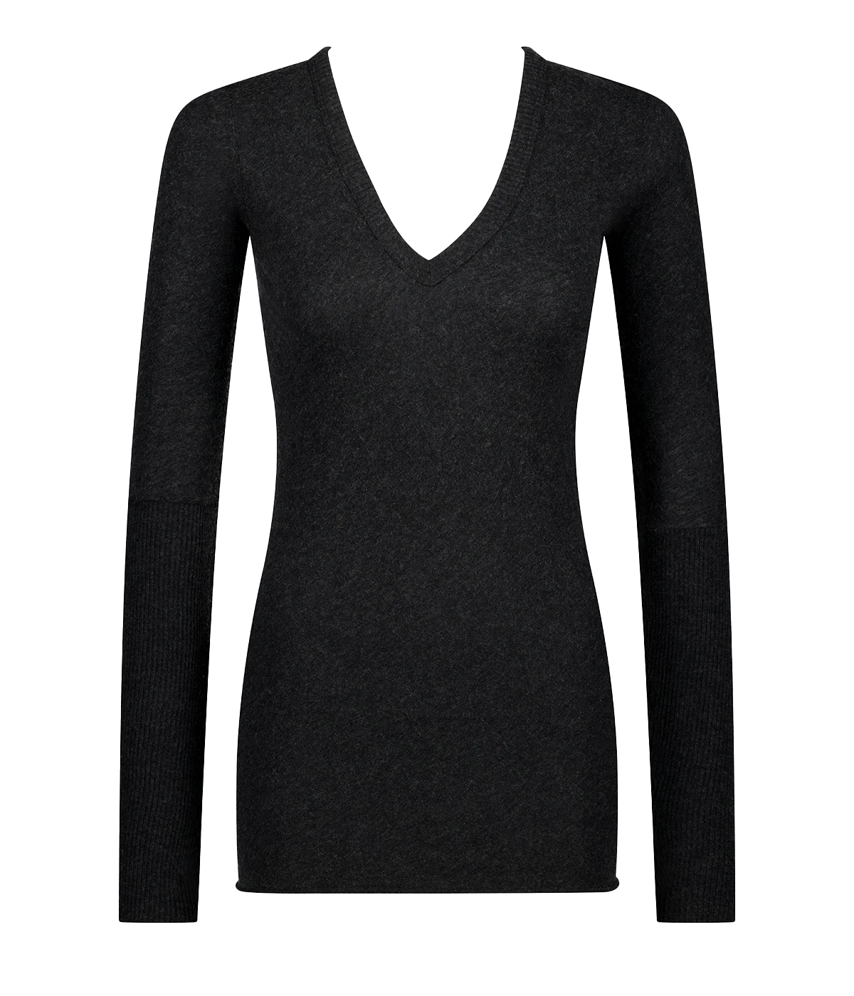 Cashmere V Neck Fitted Long Sleeve Top in Charcoal