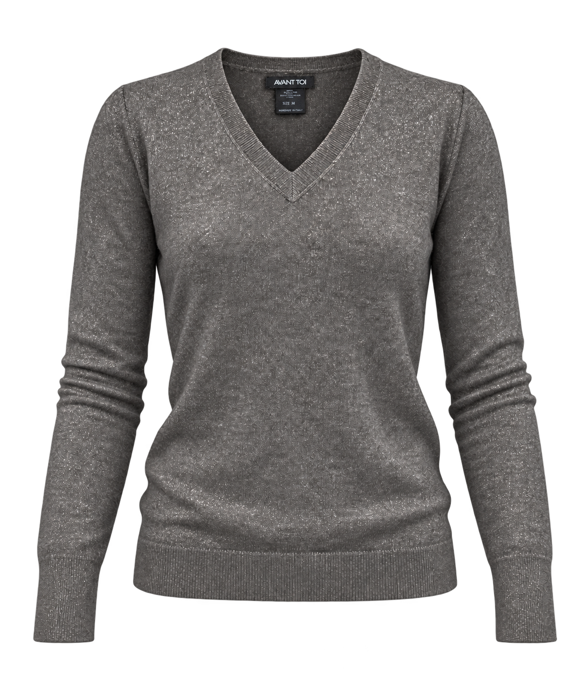Front product view of Avant Toi Knitted Pullover in Fango showing the V neckline and metallic finish