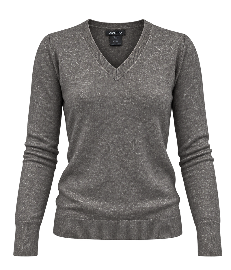 Front product view of Avant Toi Knitted Pullover in Fango showing the V neckline and metallic finish