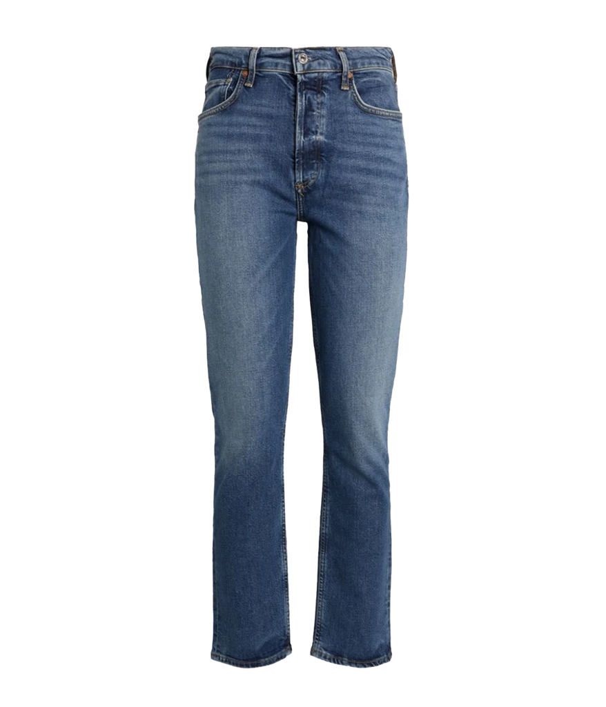  An everyday straight leg jean, in a medium dark wash denim, with button and zip closure with a crop leg.  Made in Turkey, everyday denim, rigid denim. 