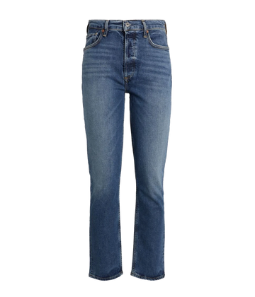  An everyday straight leg jean, in a medium dark wash denim, with button and zip closure with a crop leg.  Made in Turkey, everyday denim, rigid denim. 