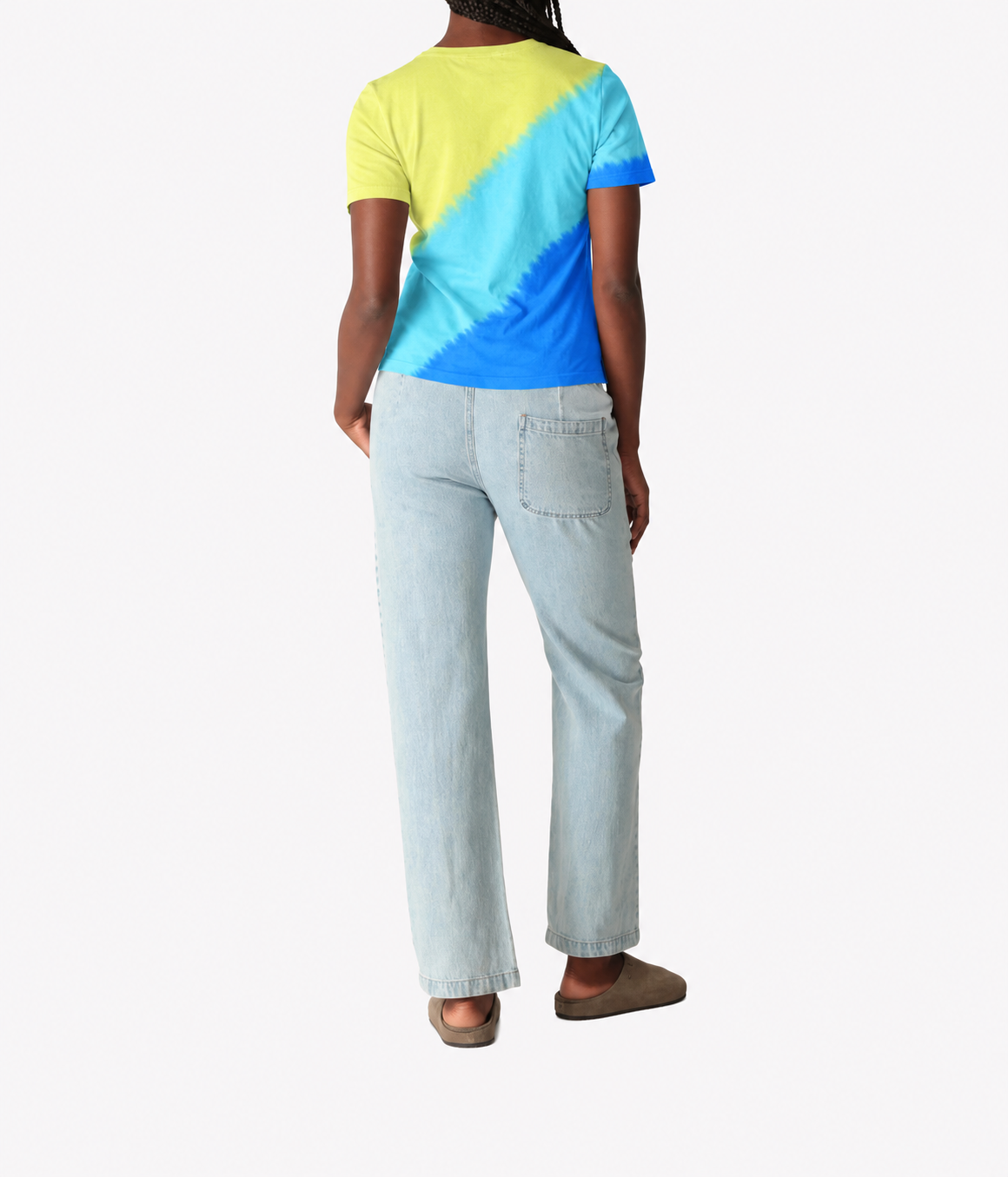 Electric & Rose - Everyday Ombre T-Shirt in Chartreuse Multi - back image of full body model wearing green and blue t-shirt and denim look pants