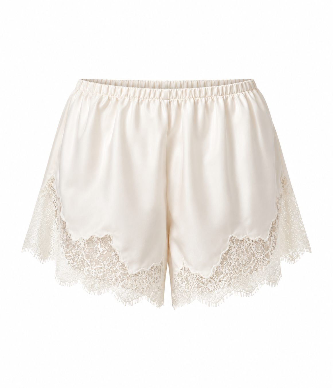 Product flat lay of a pair of cream lace-trimmed shorts - Lace Trimmed Tap Short in cream by Citizens of Humanity