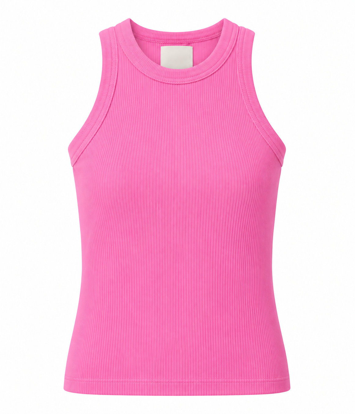 A close-up flat lay of a bright pink ribbed sleeveless crop top - Isabel Rib Tank in Raspberry by Citizens of Humanity