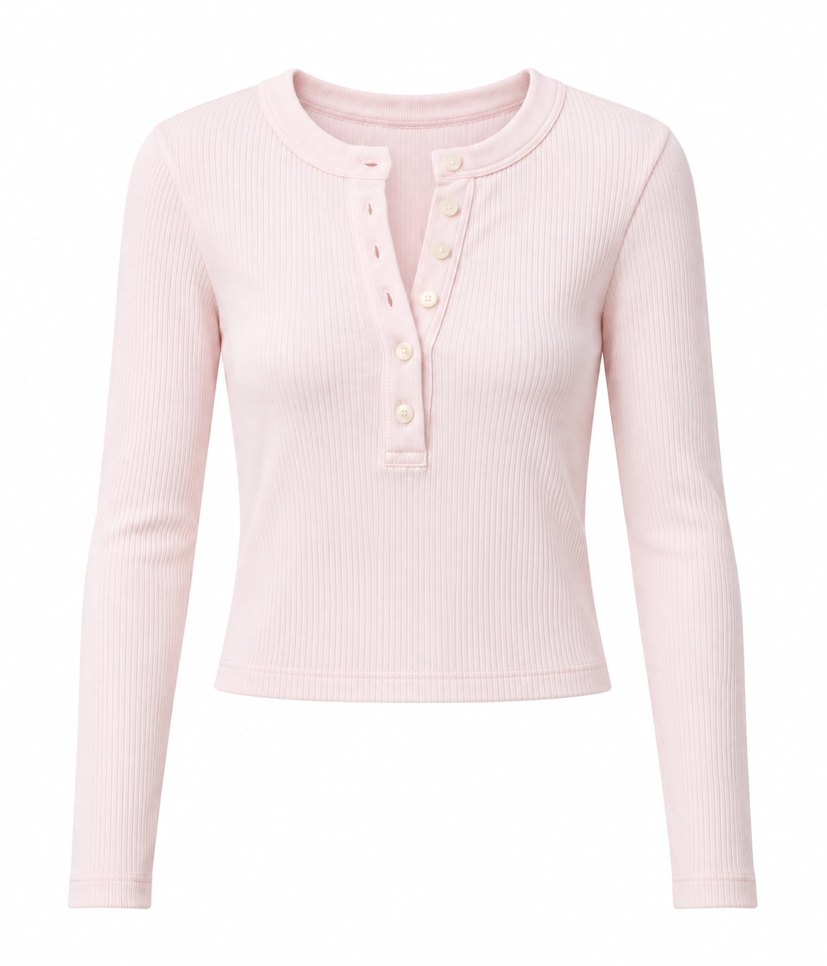 Pale pink ribbed long sleeve henley top with button front neckline - The Varra Henley Organic Cotton Top in Pink Peppercorn