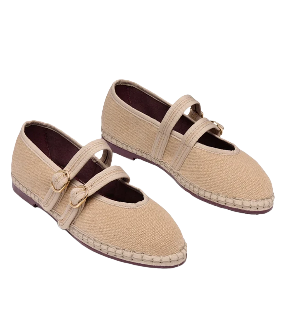 Pair of Flabelus Claire in Sand angled from the front, showing the Mary Jane silhouette, double buckled linen straps and organic cotton lining