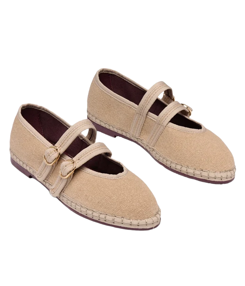 Pair of Flabelus Claire in Sand angled from the front, showing the Mary Jane silhouette, double buckled linen straps and organic cotton lining